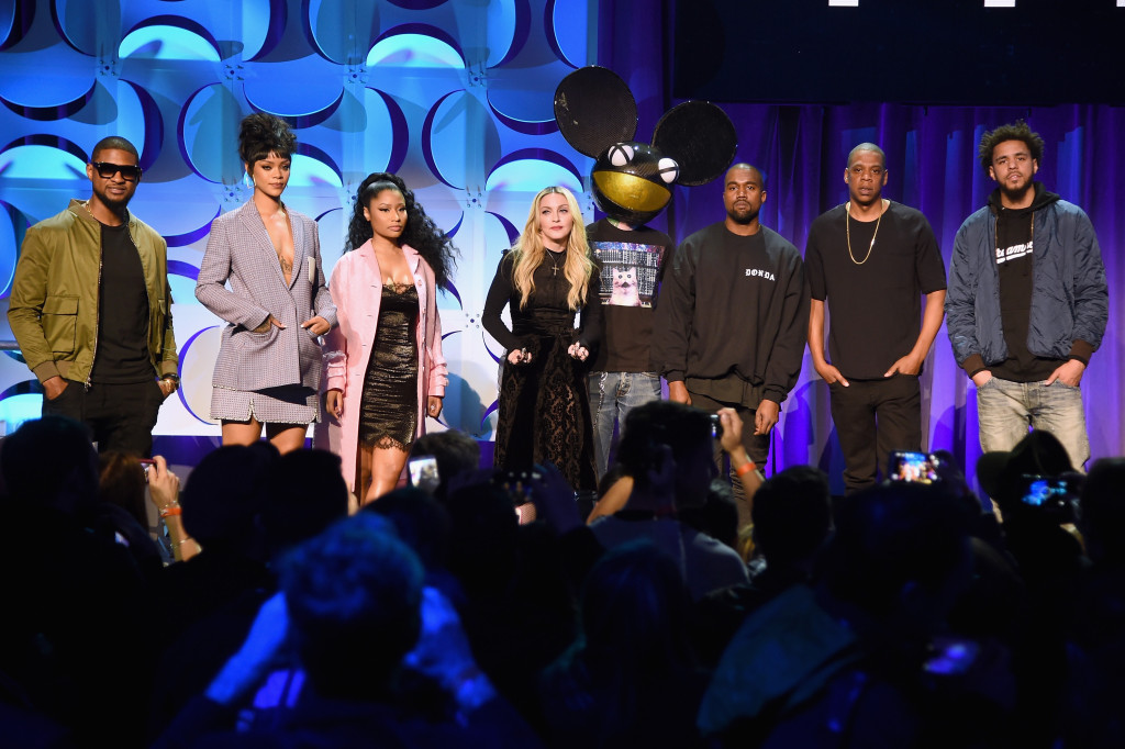 NEW YORK, NY - MARCH 30:  (L-R) Usher, Rihanna, Nicki Minaj, Madonna, Deadmau5, Kanye West, JAY Z, and J. Cole onstage at the Tidal launch event #TIDALforALL at Skylight at Moynihan Station on March 30, 2015 in New York City.  (Photo by Jamie McCarthy/Getty Images for Roc Nation)